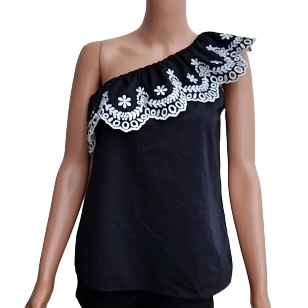 Kate Spade NY Women's Black White Eyelet Asymmetrical‎ Sleeveless Top Size XXS